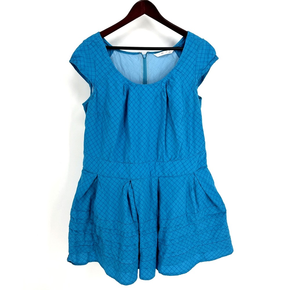 Eshakti Plus 2X Aqua Blue Plaid Dress Fit & Flare Ruffles Cap Sleeve Cotton Sun